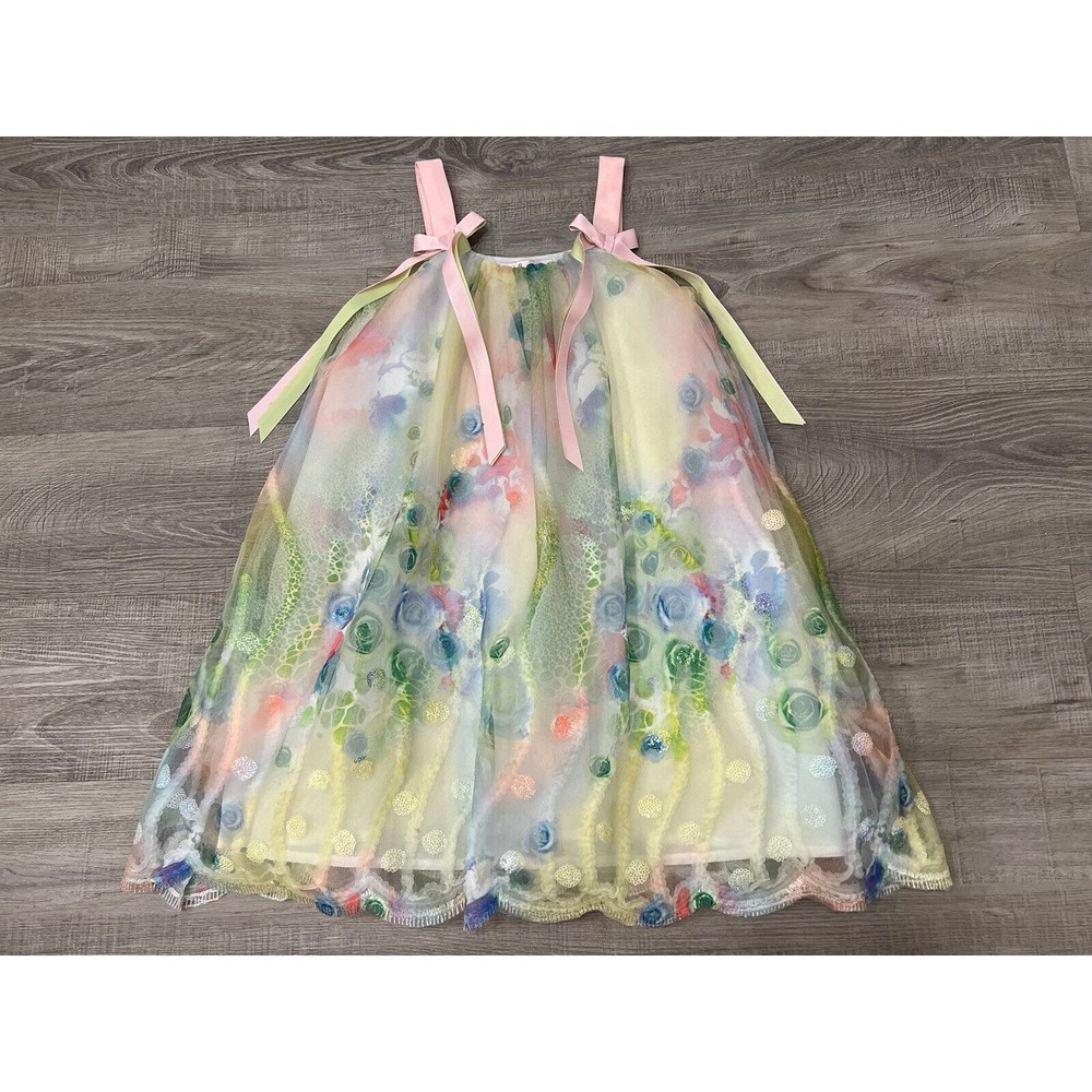 Halabaloo Girls Dress size 6 Green Pink Ribbons Pastels Watercolor Blue Roses